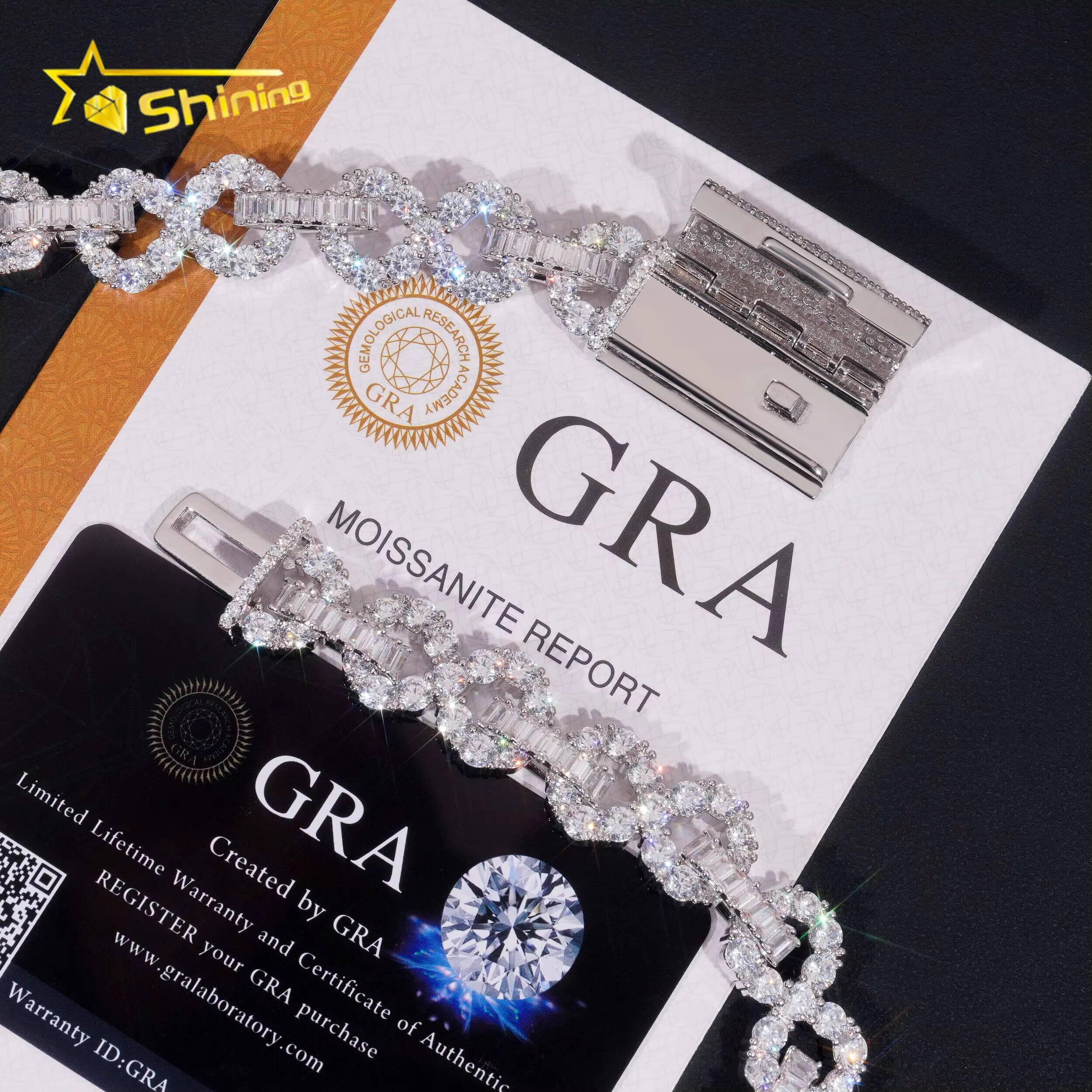 15mm 925 Silver Gold Plated Hip Hop Jewelry Iced Out Moissanite Diamond Baguette Infinity Link Cuban Chain Necklace