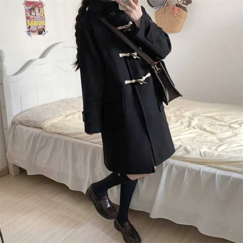 Wool Women Solid Trendy Horn Button Design Coats Korean Fashion Autumn Winter Simple Streetwear Harajuku Popular Students Mujer M251027