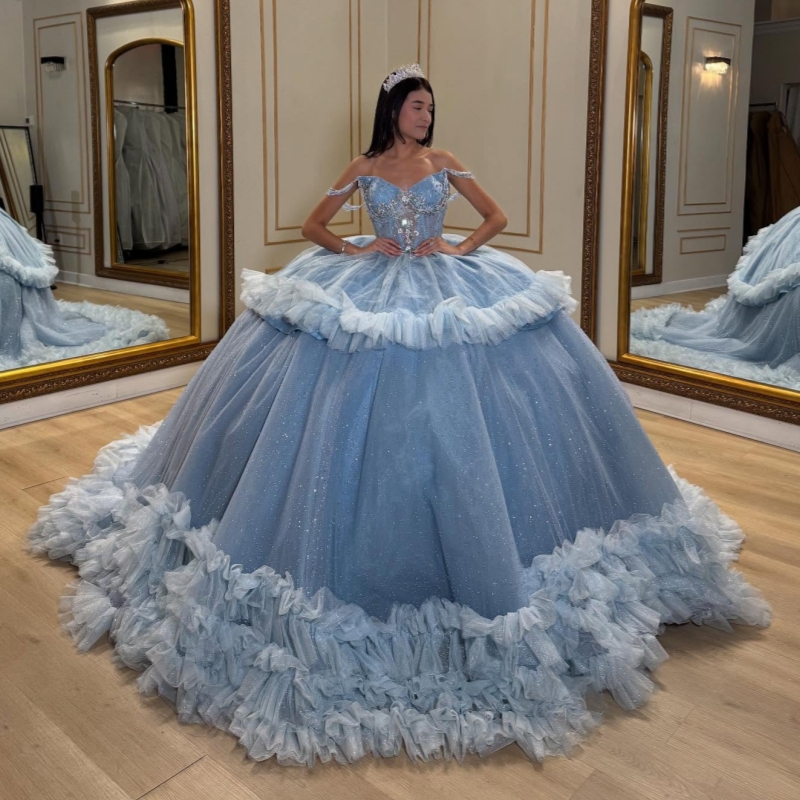 Sky Blue Shiny Quinceanera Dresses Off The Shoulder Beading Crystal Tiered Tull Party Birthday Sweet 16 Dress Vestidos 15 De Anos