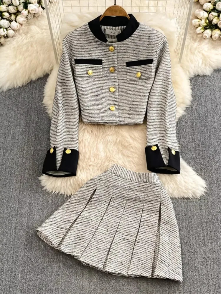 Fashion Set for Women Autumn Winter Tweed High Collar Short Wool Jacket TwoPiece HighWaisted ALine Pleated skirt suits 251023