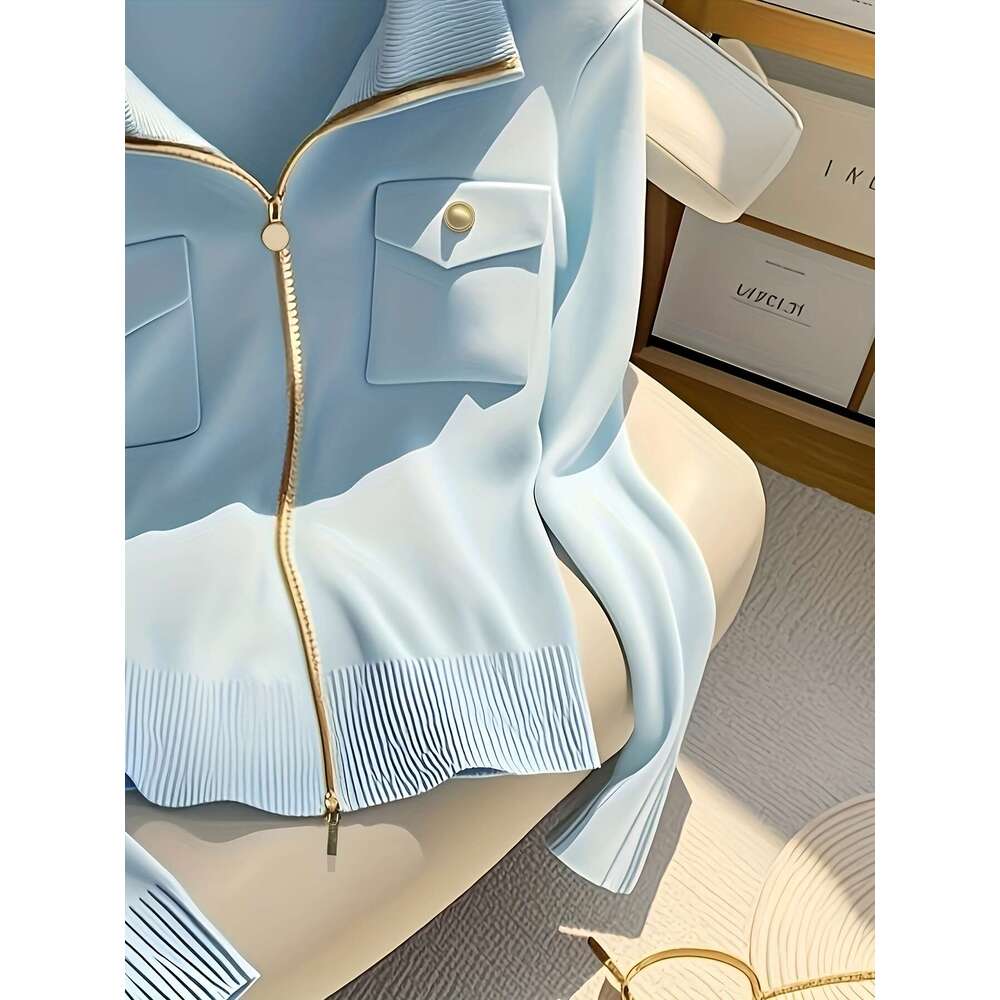 Elegant Cardigan Chic Elegant High-Neck Zip-Up Cardigan Women | Long Sleeve Sweater With Chain Detail, Solid Blue, Perfect For Fall/Winter