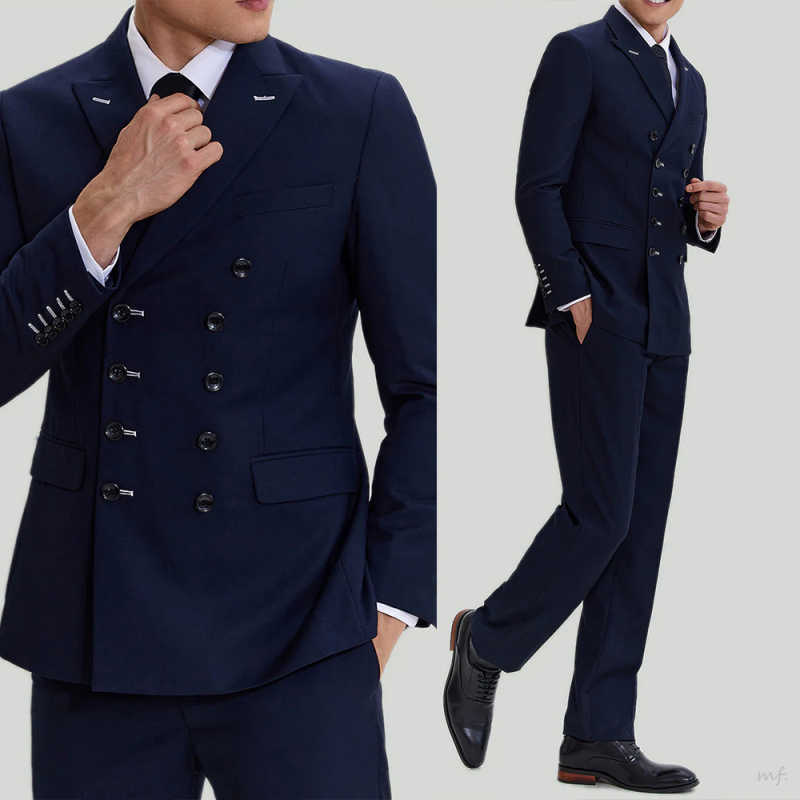 Business Man Tuxedos 2 Pcs Jacket Pants Peaked Lapel Men Suit Handsome Double Breasted Wedding Groom Coat Customized