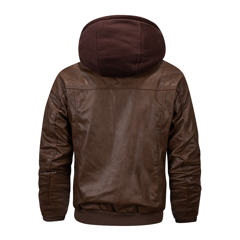 Men's Hooded Leather Jacket Autumn and Winter Motorcycle Jackets Windproof Coldproof and Warm Men Coat Jackets