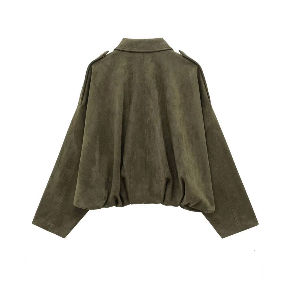 winter jacket women Women Faux Suede Collared Jacket with Shoulder Straps Loose Fit Stylish Olive Green for Sale on