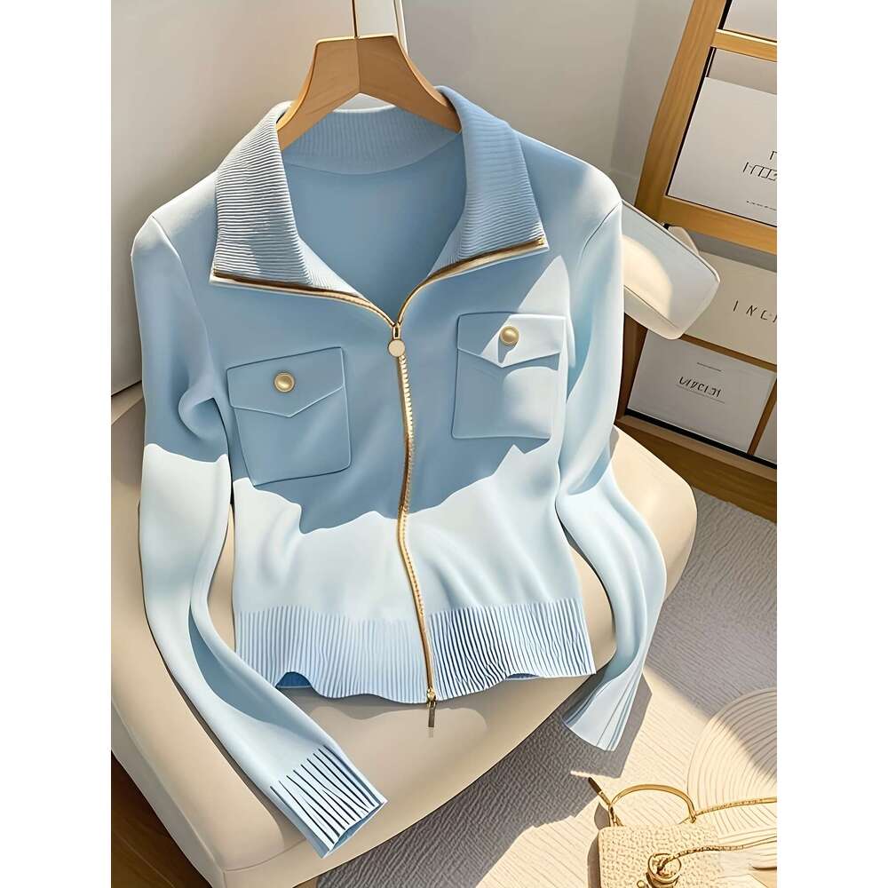 Elegant Cardigan Chic Elegant High-Neck Zip-Up Cardigan Women | Long Sleeve Sweater With Chain Detail, Solid Blue, Perfect For Fall/Winter