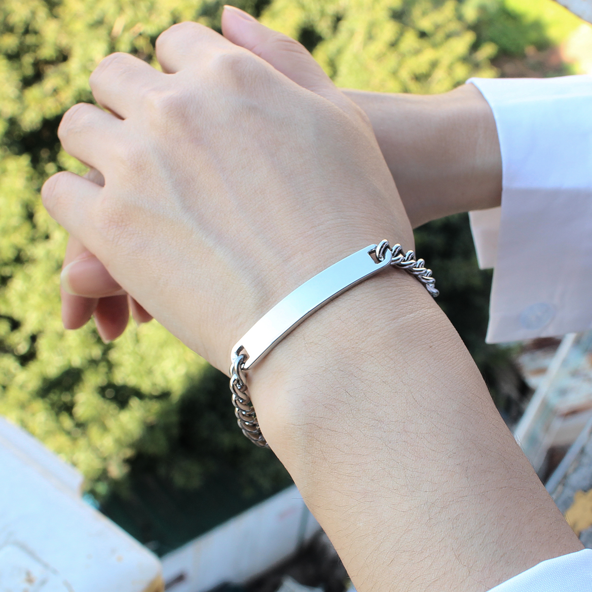 PVD Stainless Steel Custom Name Engraved Couple Silver Bracelet Cuban Link Chain Personalized ID Bar Bracelet for Men Women