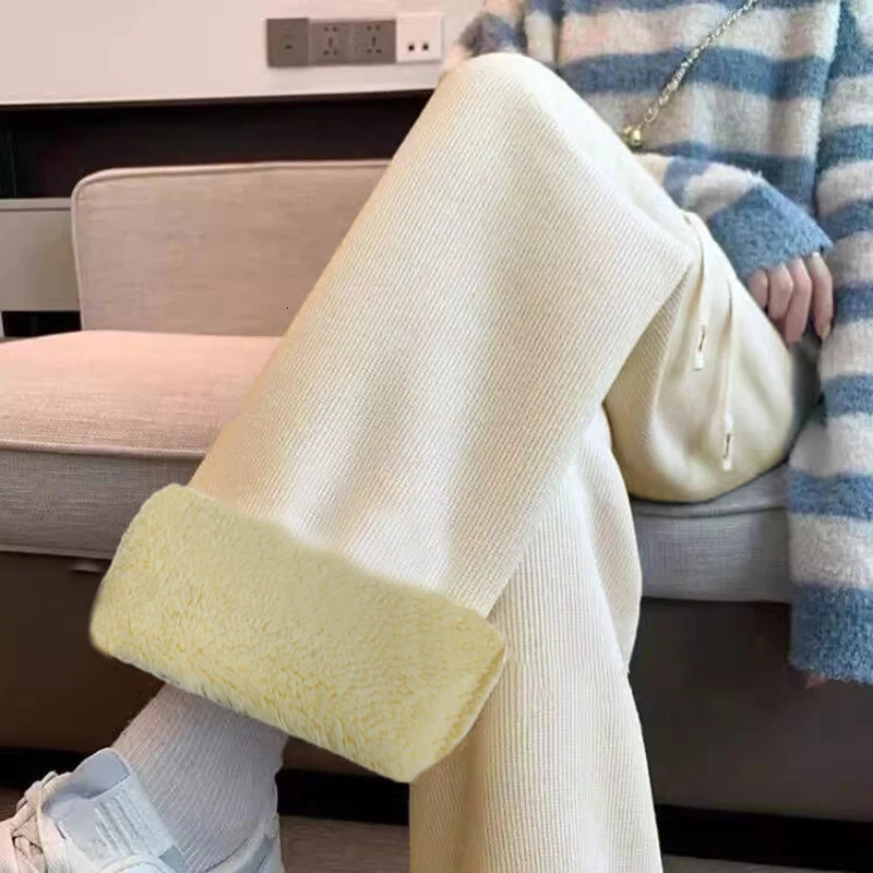 Lamb Fleecing High Waist Straight Wide Leg Pant Solid Casual Warm Long Winter For Womens Pants Clothes Trouser Office Lady 251027