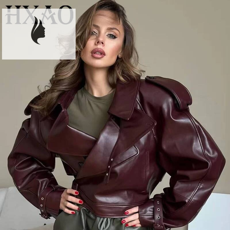 winter jacket women HXAO Women's Bury Leather Demi-Season Crop Black Outerwears Button Oversized Long Sleeve Top Moto Biker Jacket