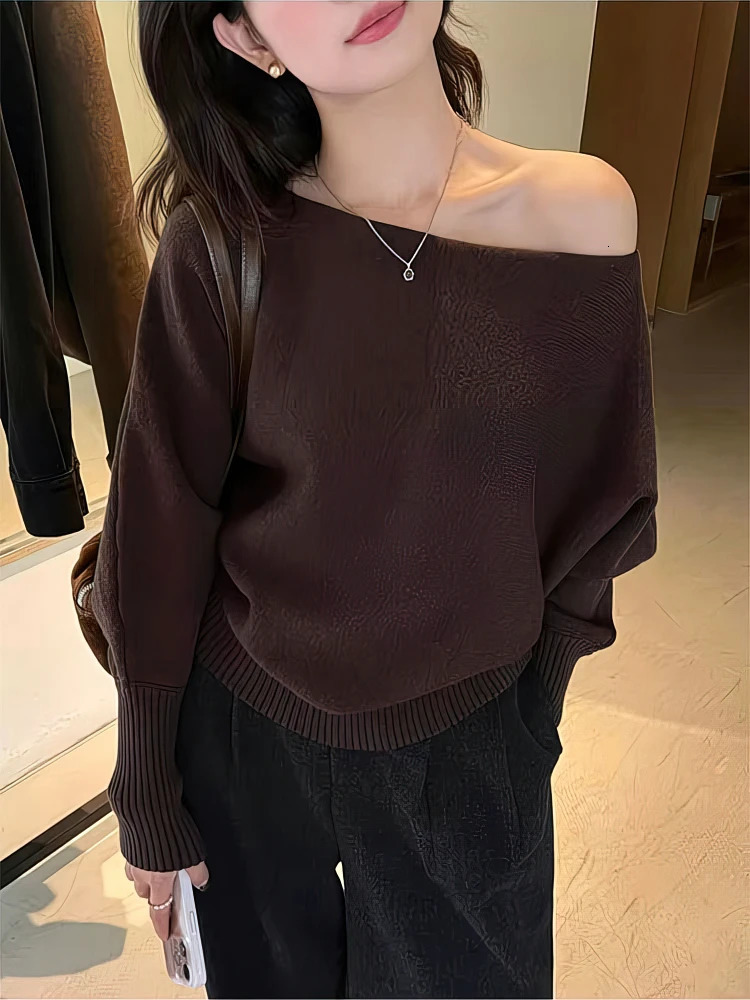 Batwing Long sleeve Knitted Pullover Women 300g Thick Off shoulder Top Korean Fashion Sweater Loose Casual Autumn Outwear Pull 251027