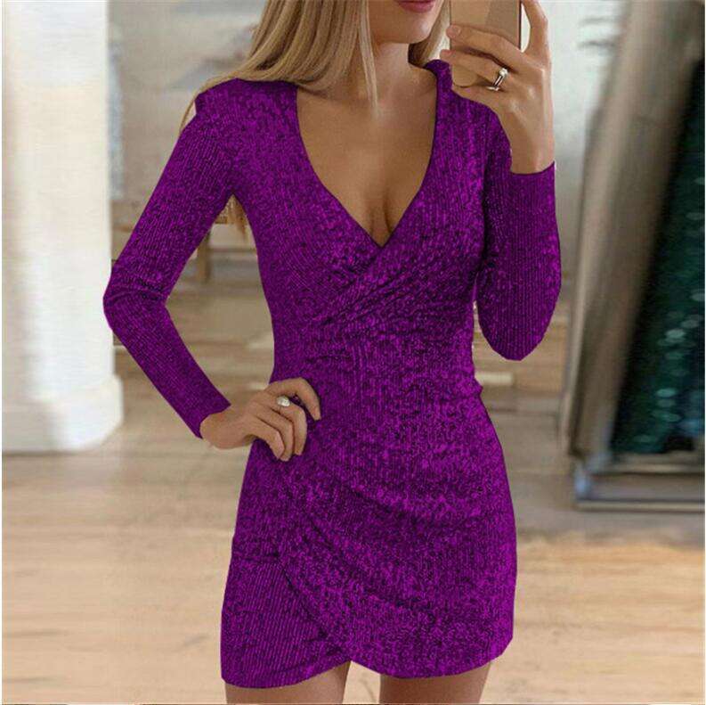 Autumn Sexy V-neck Bodycon Irregular Short Sequin Dress Gown
