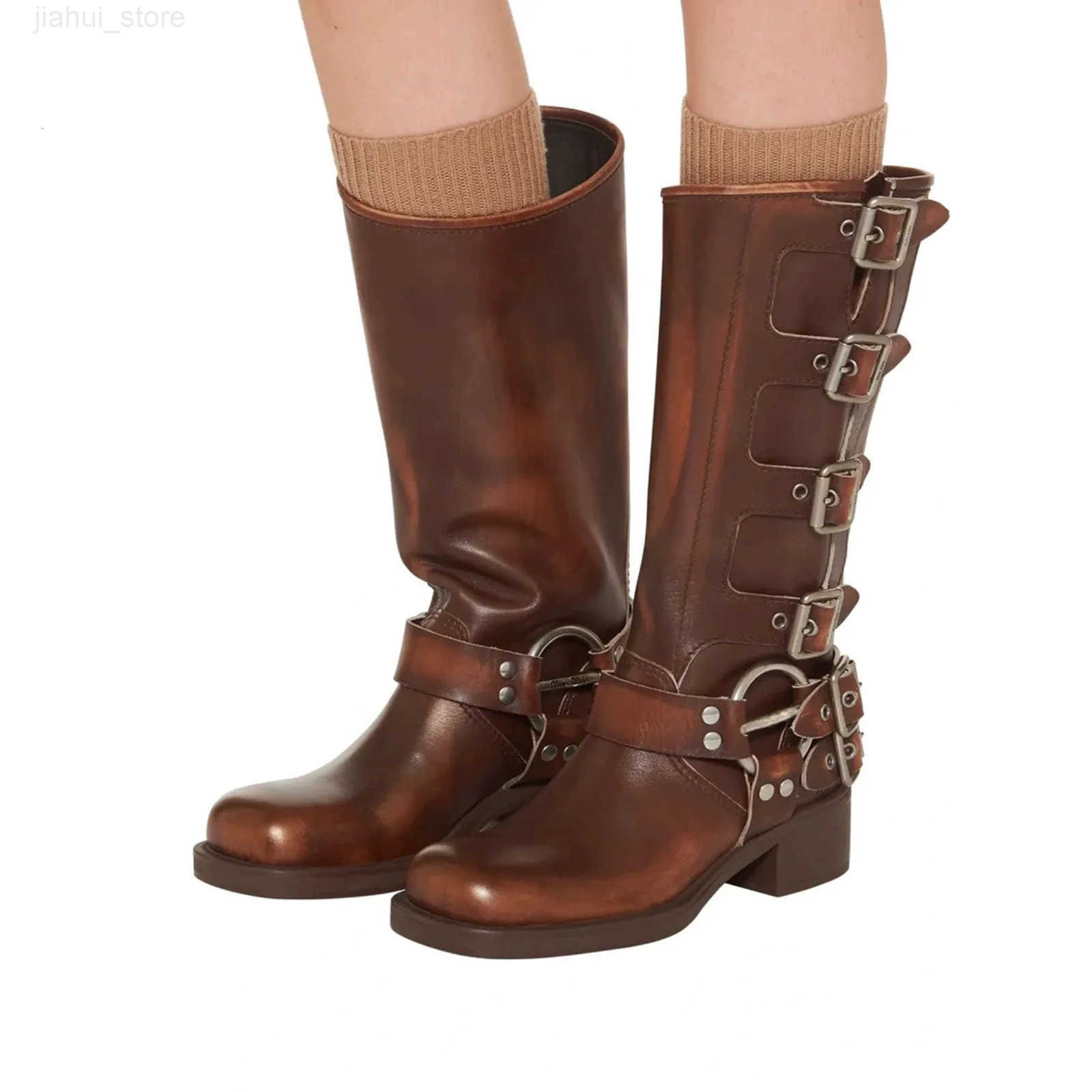 Arden Furtado 2025 Genuine Leather Platform Rivet Motorcycle boots Round toe Belt buckle Block heel mid wide calf Western boots M251027