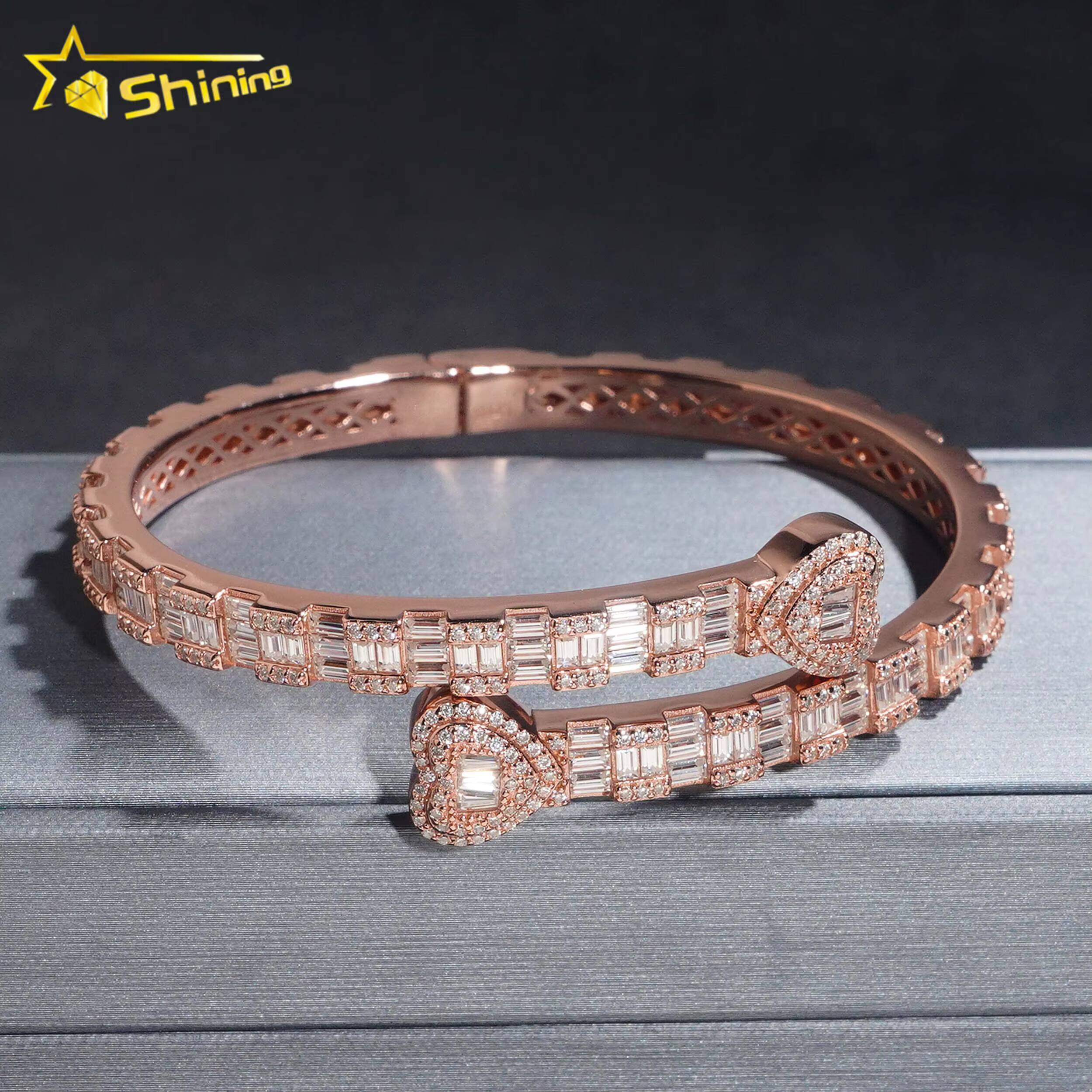 Heart Style Bangle Iced Out Bracelet Moissanite S925 Silver Baguette Moissanite Diamond Bracelet