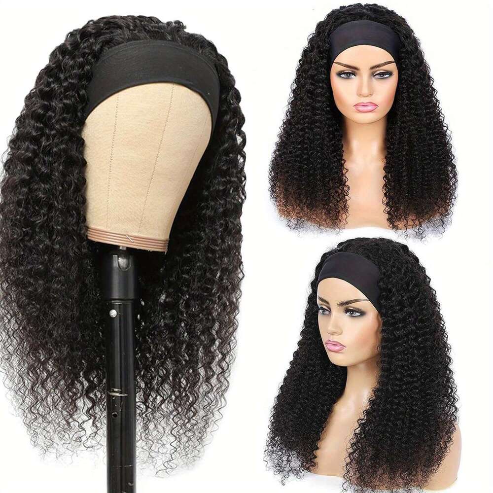 14" Jerry Curly Headband Wig - 100% Human Hair, Glueless, Natural Black, Soft Bouncy Curls, Easy Wear & Go With Stylish Headbands, Breathable Cap