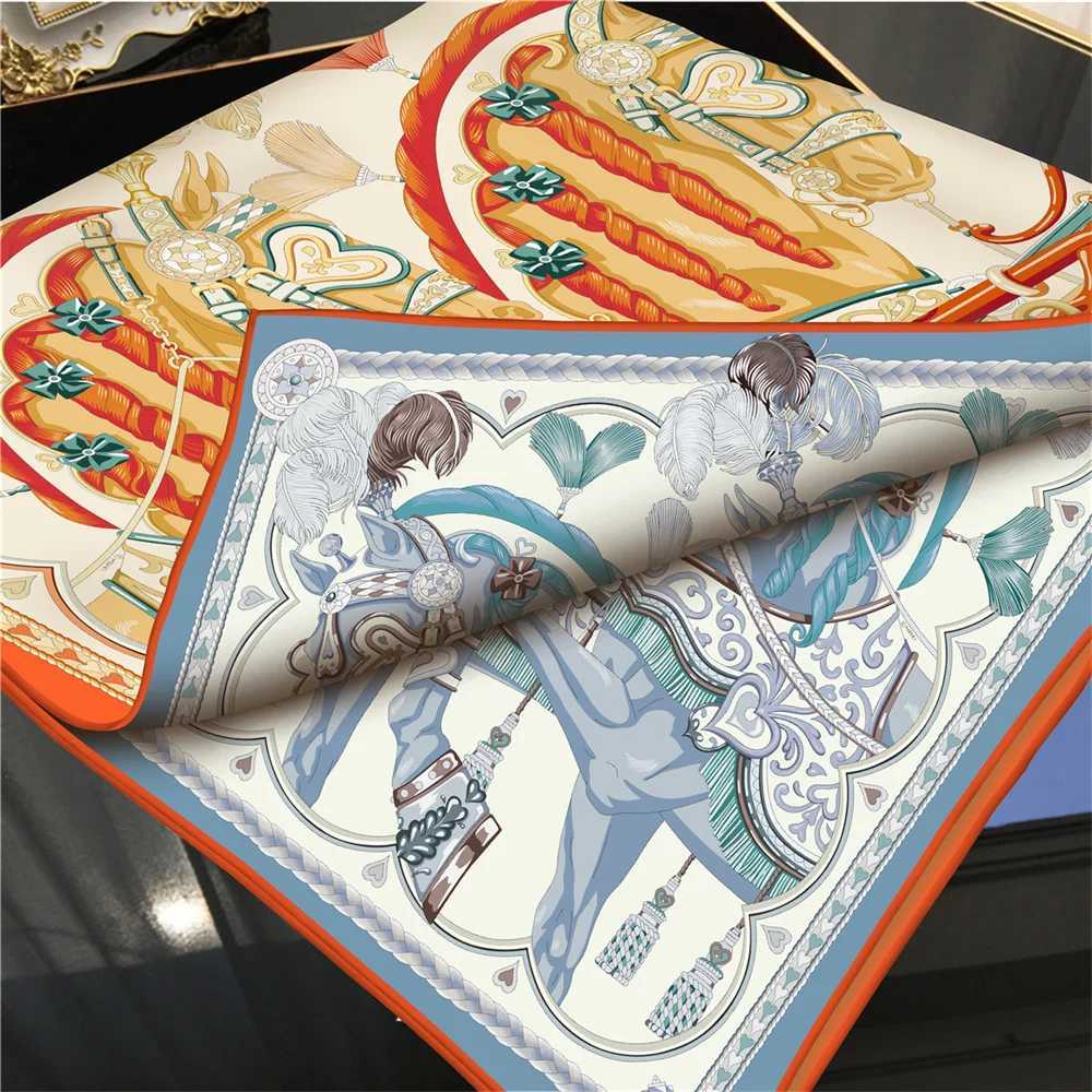 POBING Hand Rold Twill Silk Scarf Wen Two Horse Doub Print Square Scarves Wraps Echarpes Foards Fme Hijab 90CMW251027