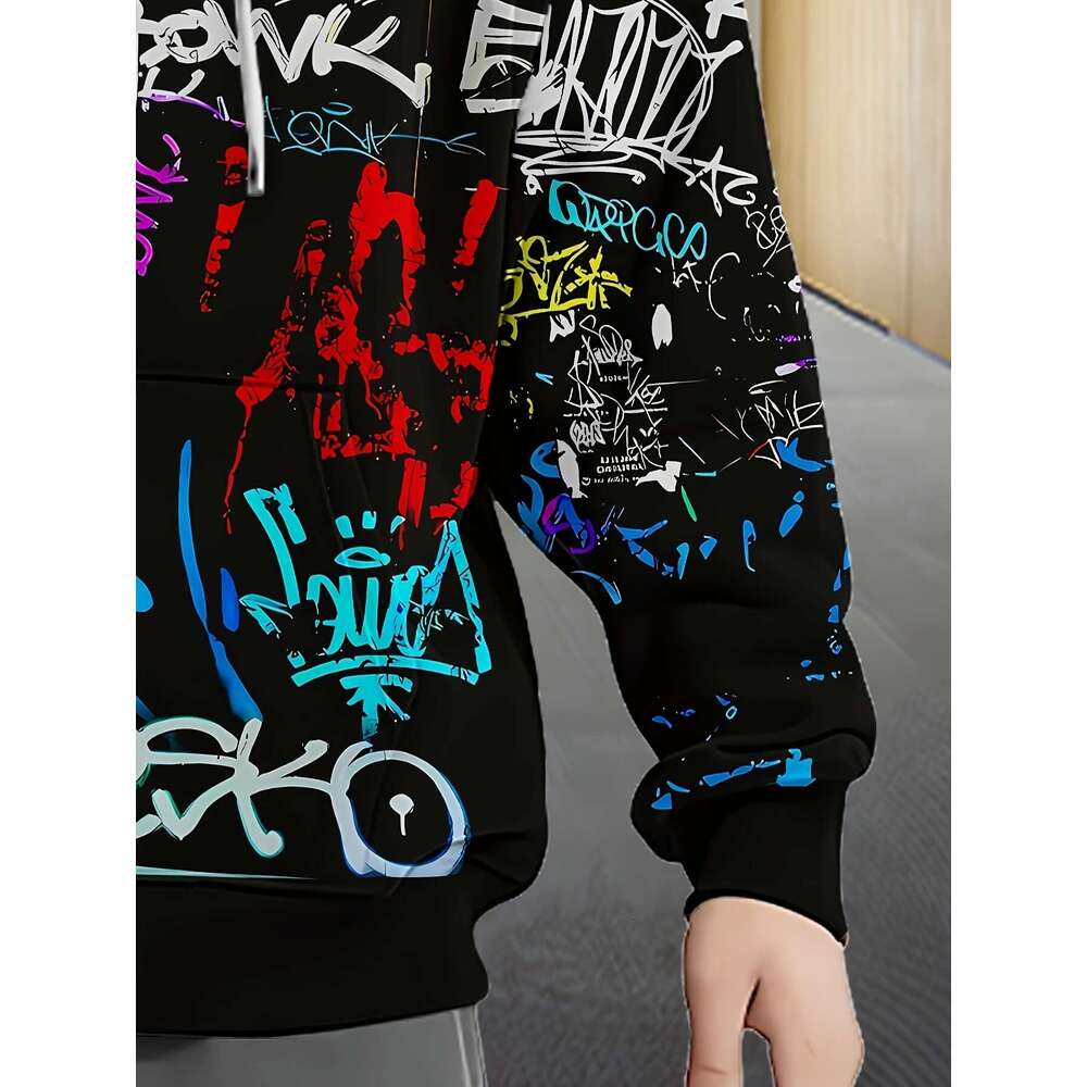 Men's Hooded Zip-Up Sweatshirt With Graffiti Print - Winter Jacket Long Sleeve Casual Sportswear, Regular Fit Hine Washable Urban Streetwear For 