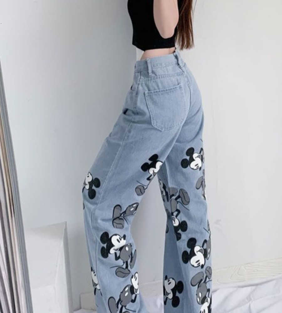 Disney Cute Trendy Cartoon Print Mickey Mouse Jeans for Women New Couple Casual Wide Leg Denim Pants Autumn Trousers Clothes H251027