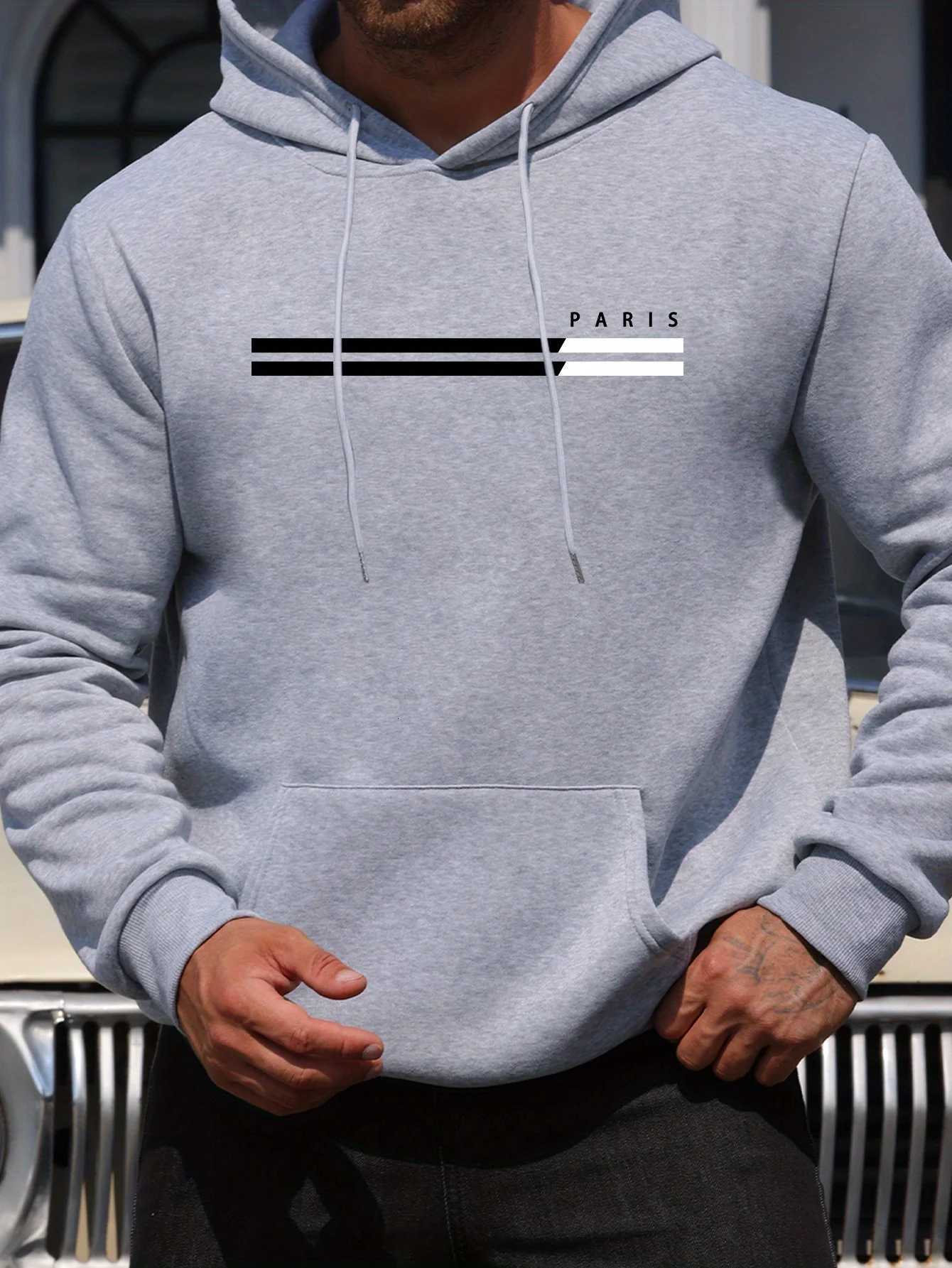 Mens autumn and winter casual fashion loose Paris letter pattern printed long sleeved hooded sweatshirt warm pullover W251027