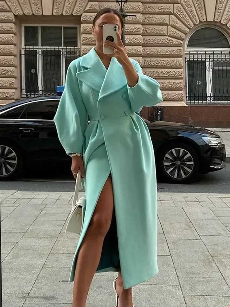 Women Lapel Lantern Sleeve Long Jackets Solid Double Breasted Waist Fold Woolen Coat Winter Thick Warm Female Elegant Outwear M251027