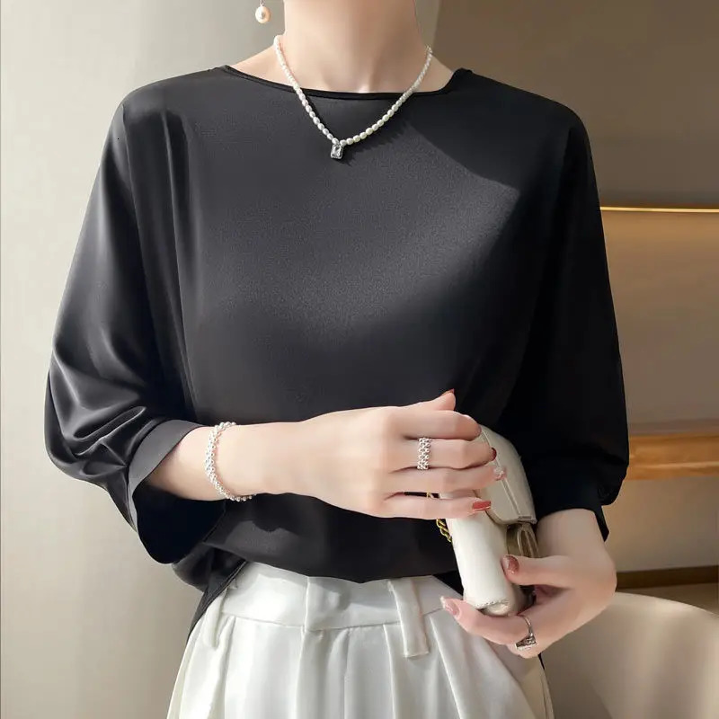 2025 In Summer Satin Silk HalfSleeve Tee Tops Basic Solid Womens TShirt Casual Oneck Thin Shirts Ladies Loose Blouses 251027