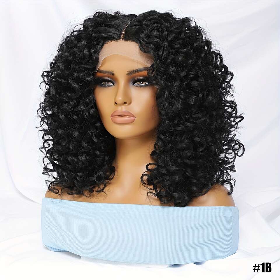 180% Density Short Afro Curly Front - 13X4x1 T-Part, 100% Heat-Resistant Fiber, Ombre Blonde Ginger Black, Pre-Plucked, Cosplay Ready, 16Inch, Synthet