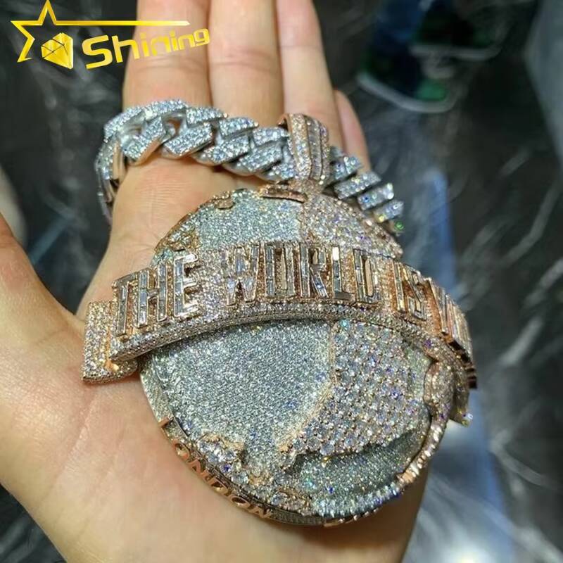 Hip Hop Jewelry Gold Plated Earth Pendant 925 Sterling Silver baguette Moissanite Person Circle Iced Out Pendant