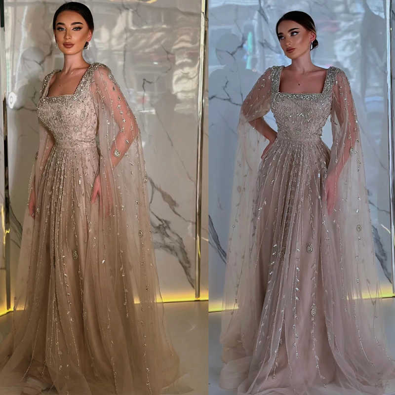 Modern A-Line Evening Dress Shawl Sleeve Prom Gowns Boat Neck Beads 3D-Lace Sexy Prom Dress vestidos de novia Size Customized Robes De Mariee L252815
