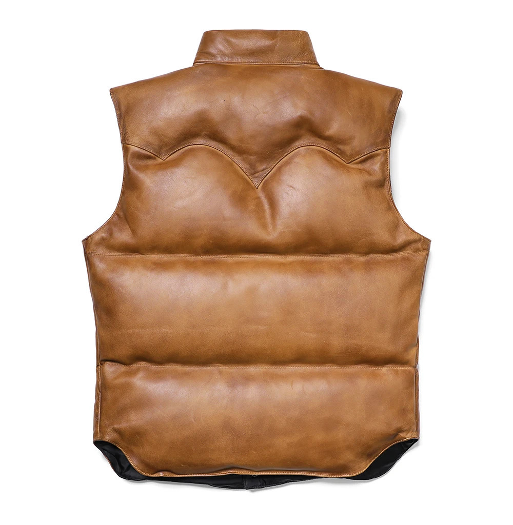 Brown Winter Leather Down Vest Men Casual Style Plus Size 5XL Genuine Natural Sheepskin Stand Collar Single Breasted Vest 251024