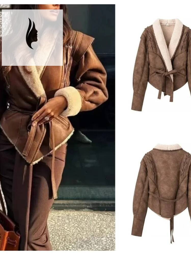 winter jacket women Leather Women's With Belt Fur Coat Streetwear Fashion Solid Outwear Woman Elegant Jackets Chaqueta De Cuero Para Mujer