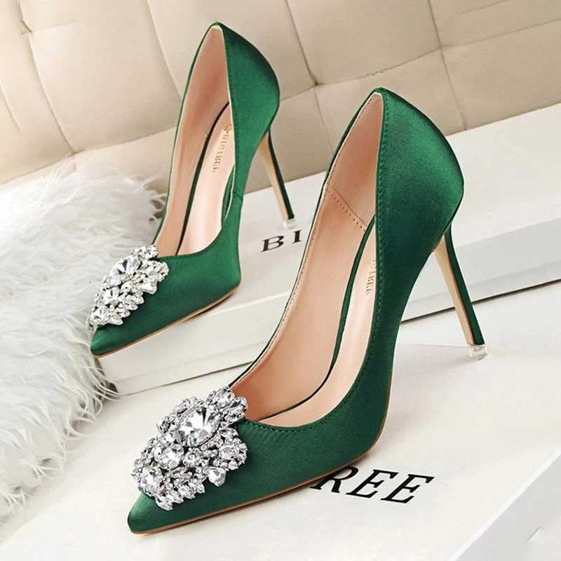 CINESSD Sier Gray Black Women Bridal Wedding Shoes Faux Silk Satin Rhine Crystal Shallow Woman Pumps Stiletto High HeelXJ251027