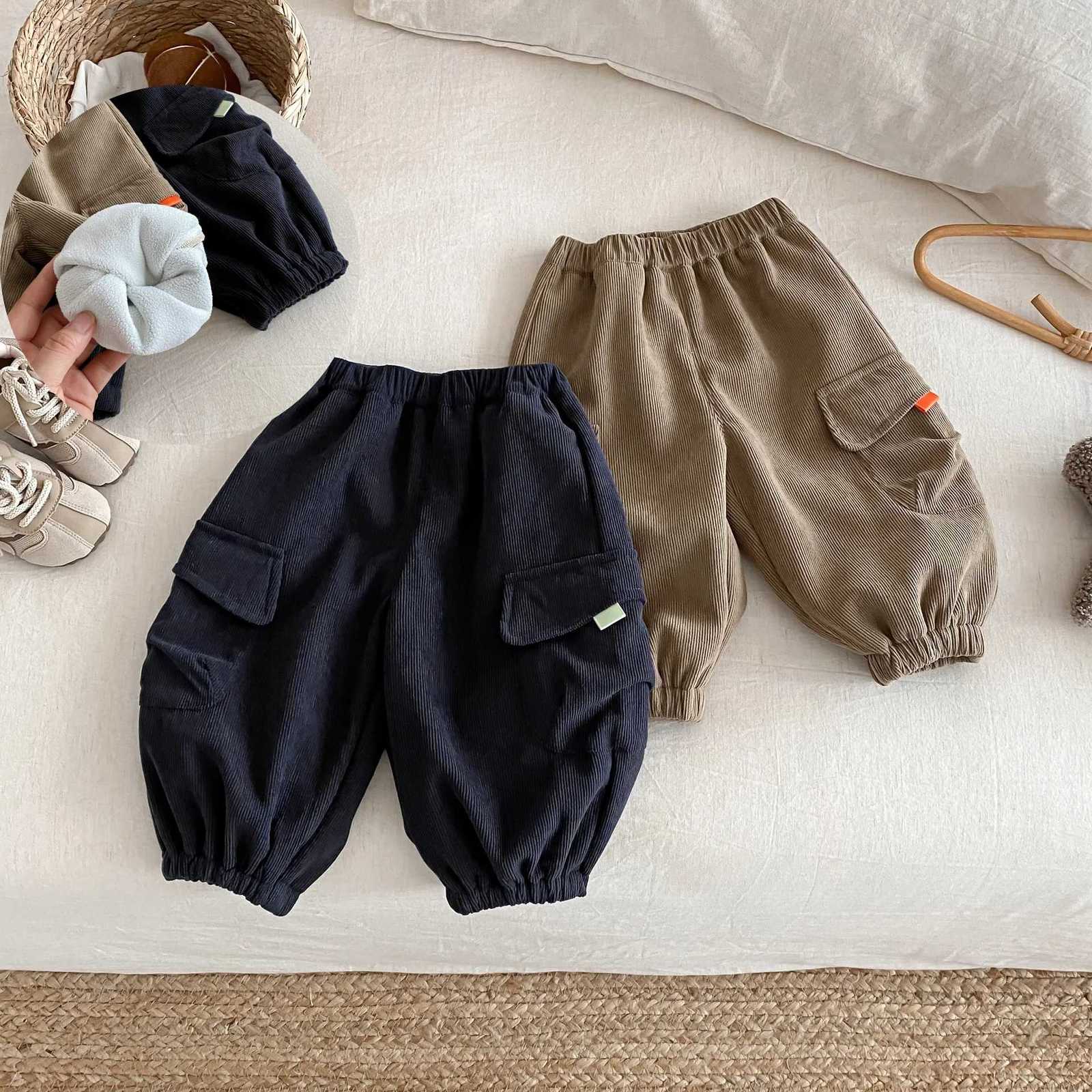 2025 Toddler Baby Boy Corduroy Cargo Pants 05Y Winter Fleece Lined Warm Trousers Kids Boys Autumn CLothes Loose Bottoms OutfitT251027