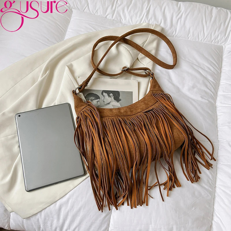 Gusure Vintage Tassel Crossbody Shoulder Bags Women Fashion Suede Small Handabg and Purse Female Armpit Hobos Bag 251027