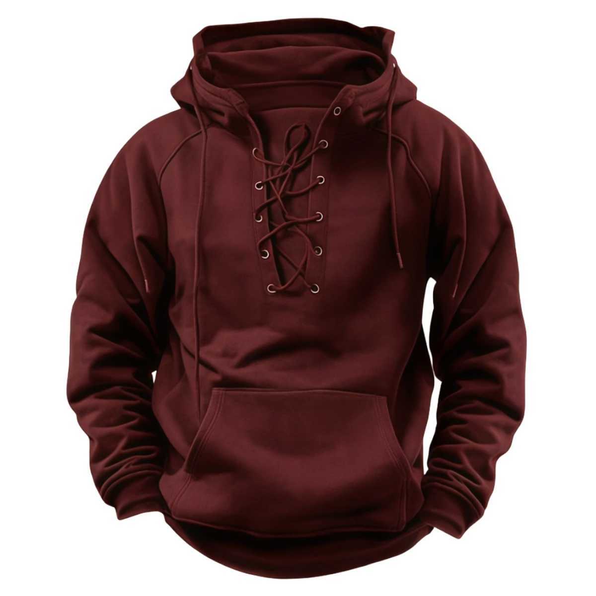 2025 Mens Autumn Winter Outdoor Casual Jacket Retro LaceUp Loose Fit Pure Color Long Sleeve Hooded Sweatshirt W251027