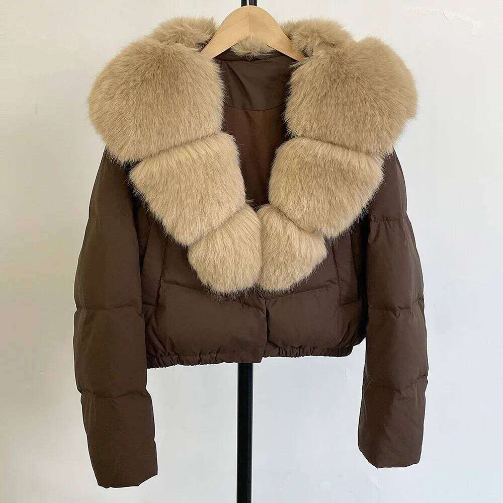 Coat Eco-Friendly Winter Short White Duck Down Warm Clothing Women Faux Collar Puffer Jacket Fashion Fake Fur
