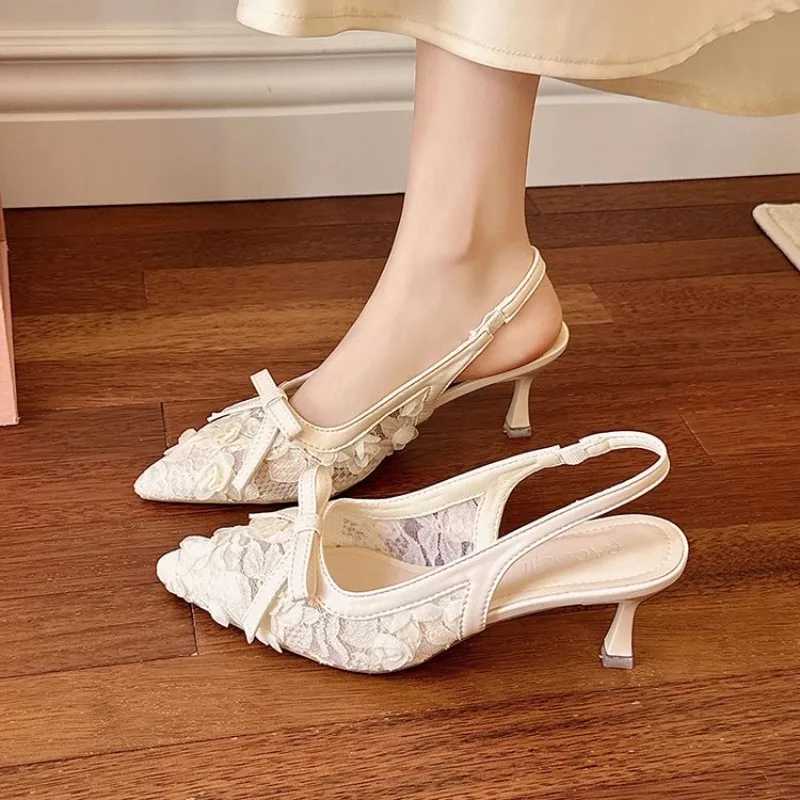 Fancy Floral Lace Slingback Sandals Woman Brand Design Pointed Toe Slip Sandalias Ladies Elegant Low Heel Bowknot Dress ShoeXJ251027
