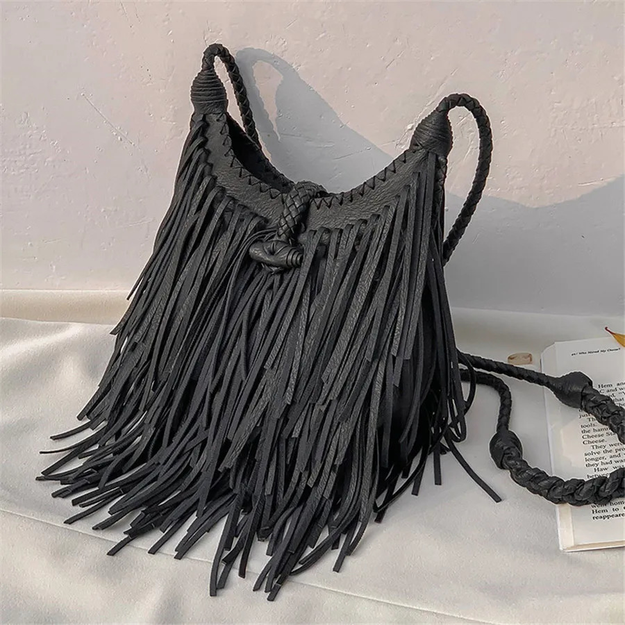 DoubleSided Tassel Women Crossbody Bags vintage Soft PU Leather female Shoulder Bag manual Weave messenger Sling bag 251027