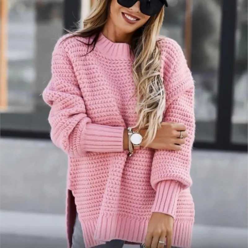 2025 New Loose Split Knitted Long Sleeve Thick Sweater Half High Neck Korean Fashion Pullover Autumn Winter Black Women ClothesT251027