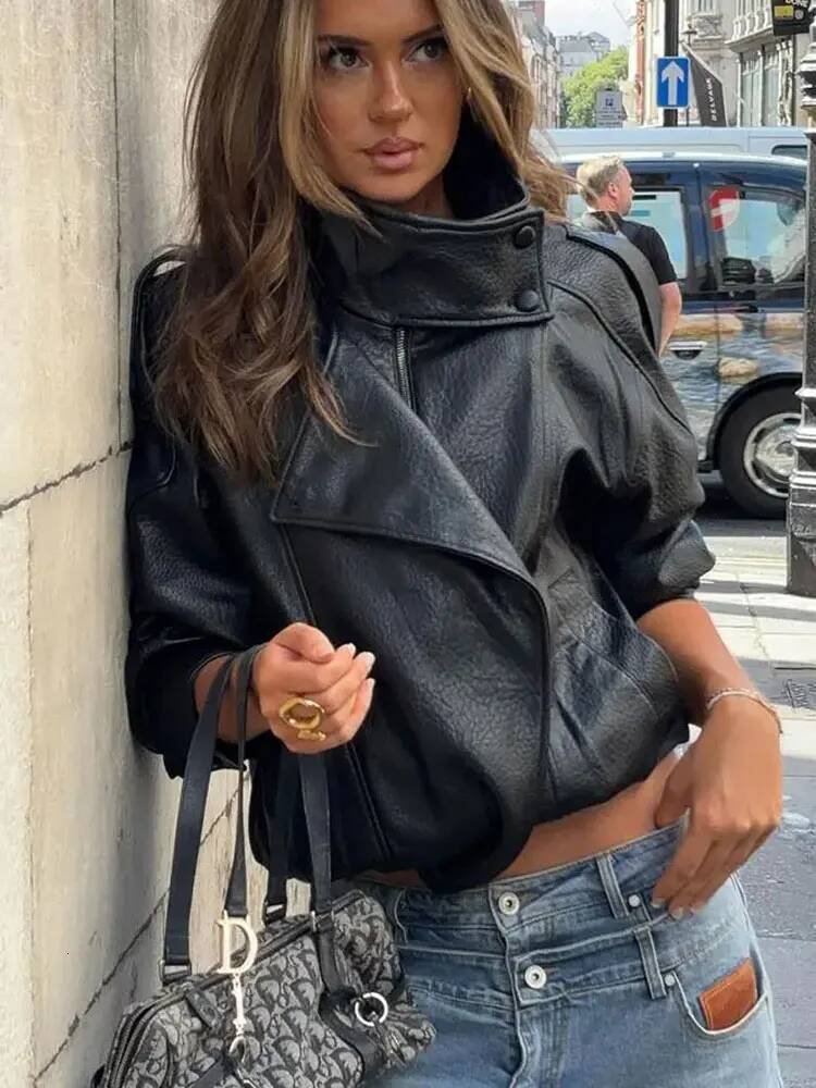 winter jacket women Women's Faux Leather Jacket Stand Collar Long Sleeves Loose Zipper Coats Lady Autumn High Street Woman Outerwear