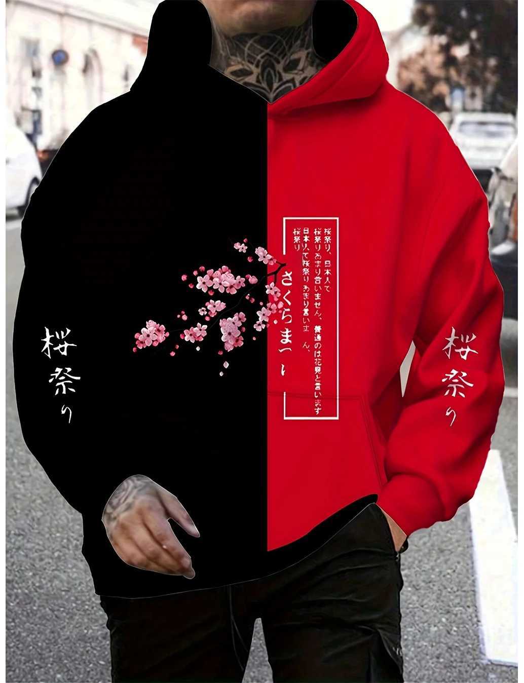Japanese Streetwear Mens Cherry Blossom Hoodie SpringAutumn Long Sleeve Casual Top Trendy Print Side Pockets W251027