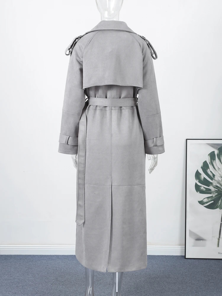 Fashion Suede Long Coat Women Belt Double Breasted Full Sleeve Brown Windbreaker Autumn Winter Lady Street Outwears 251027