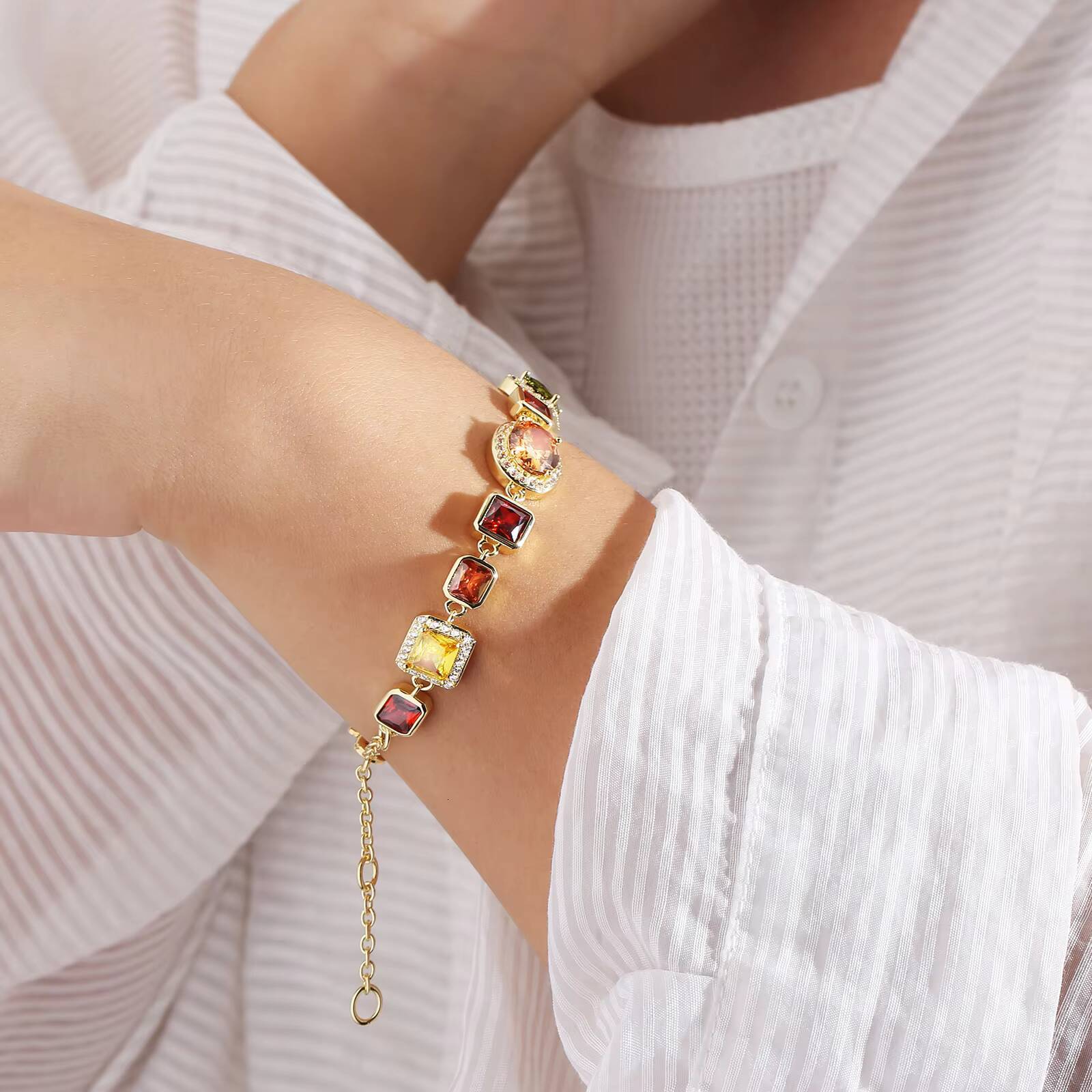 USA Stock Gorgeous Mixed Gemstone Tennis Chain 5A CZ Gem 18K Gold Plated Vintage Multi Colored Jewelry Necklace for Women Men