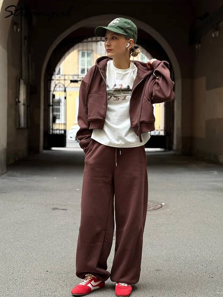 winter jacket women Tracksuits Winter Fleece Sweatsuit Brown Warm Crop Zipper Hoodies And Sweatpants Set For Women 2 Piece Veet Pants Sets