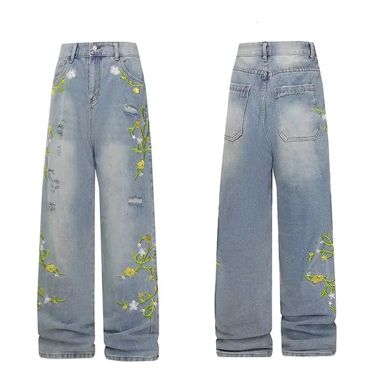 Autumn Winter Vintage Embroidered Flower Loose Wide Leg Pants Women Straight Casual Versatile Jeans High Waist Washed Denim Pant 251027
