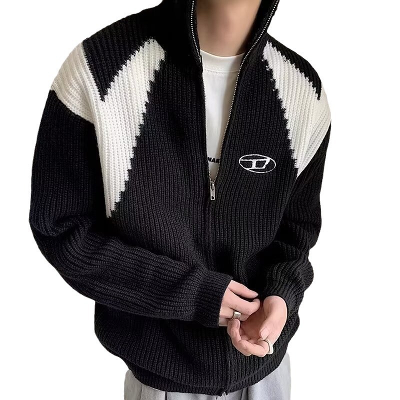 American Style Color Block Zipper Cardigan Sweater For Men Autumn Winter Trendy Street Style Stand Designer Sweater Collar Long Sleeve Lazy Style Loos