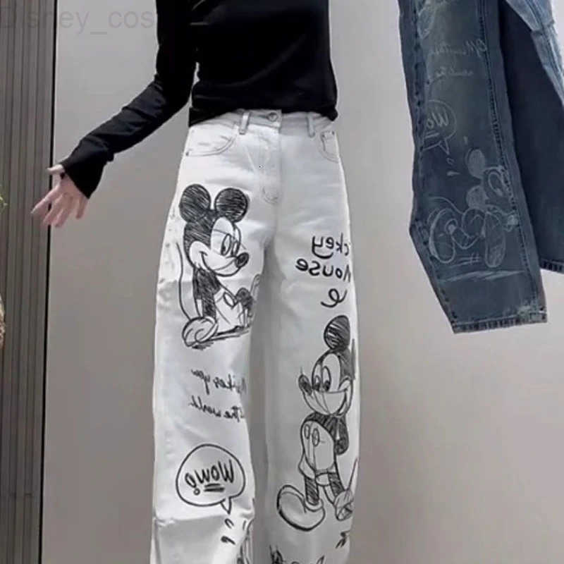 Disney Cute cartoon Mickey girls spring and autumn fashion simple casual and versatile creative embroidery straight leg jeans H251027