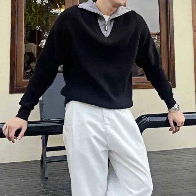 Fashion Luxurious Contrasting Color Halfzip Pullover Sweatshirt for Men Trendy Brand Casual Longsleeved Fake Twopiece Top W251027