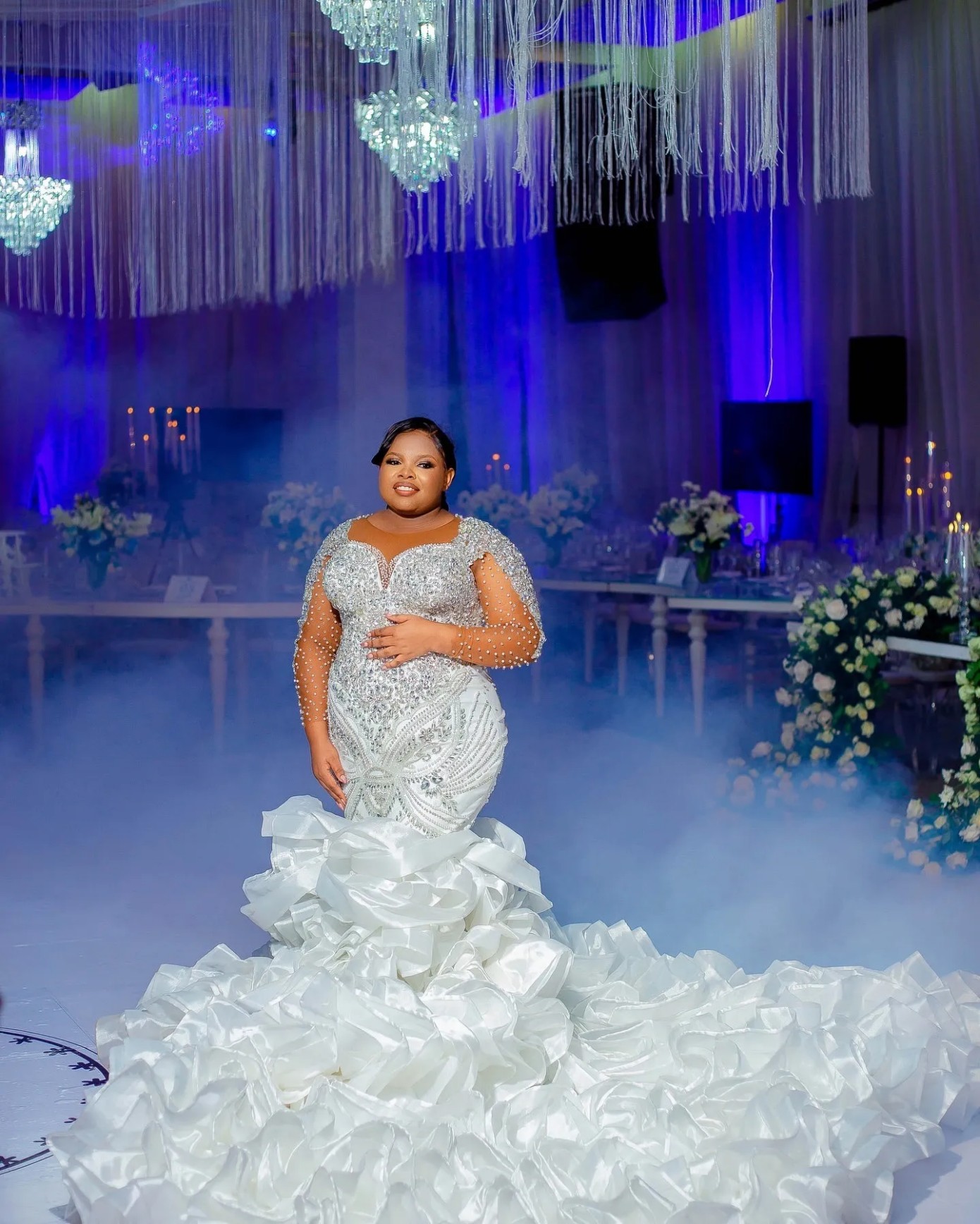 Arabic Aso Ebi Plus Size Mermaid Wedding Dress in Ivory with Luxurious Beaded Crystals and Full Sleeves