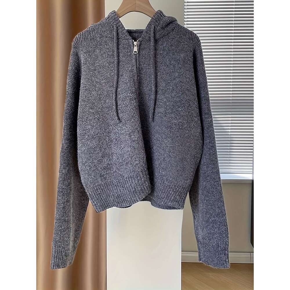 Solid Zipper Drawstring Hooded Cardigan, Casual Long Sleeve Loose Cardigan For Fall & Winter, Women's Clothing