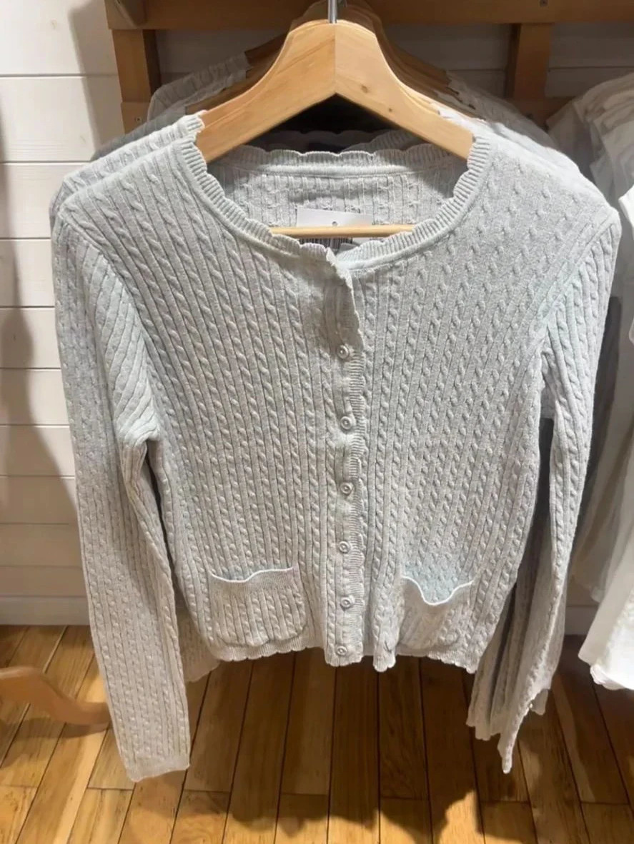 Pockets Twist Flower Knitted Sweater Cardigan ONeck Single Breasted Long Sleeve Slim Sweaters Vintage Streetwear Gray Crop Tops 251027