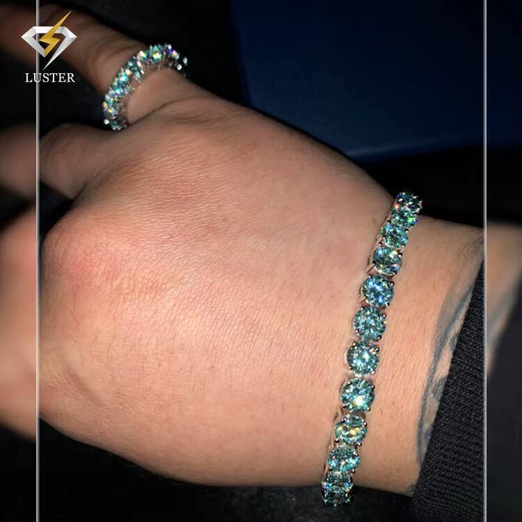 Luster Jewelry Silver 925 Hip Hop GRA 3mm 4mm 5mm Blue Moissanite Diamond Eternity Ring for Men Women