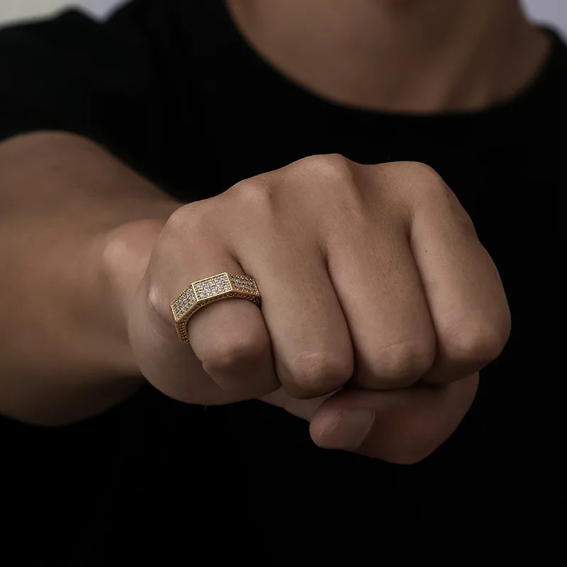 Hip Hop Micro Paved Cubic Zirconia Bling Ice Out Geometric Octagon Finger Rings for Men Rapper Jewelry Gold Silver Color 251023
